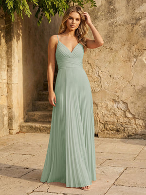 Chiffon V Neck Corset Spaghetti Straps Pleated Bridesmaid Dresses
