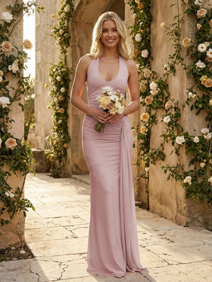 Stretch Mesh Halter Maxi Pleated Bridesmaid Dresses with Backless Design