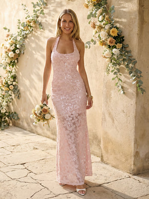 Sequin Halter Mermaid Maxi Wedding Guest Dresses with Backless