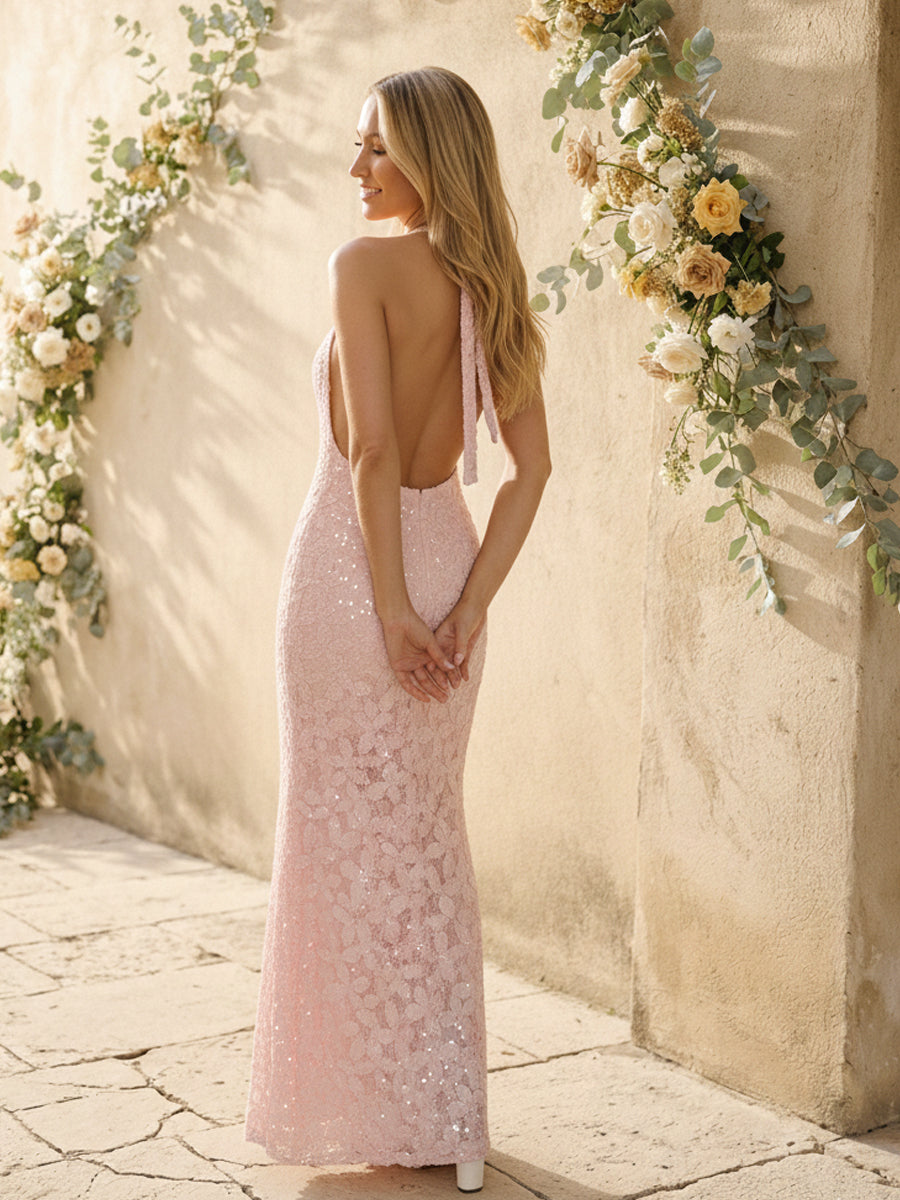 Sequin Halter Mermaid Maxi Wedding Guest Dresses with Backless