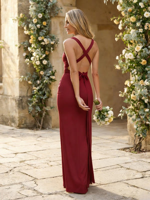 Satin Square Neck Mermaid Maxi Bridesmaid Dresses with Pleats