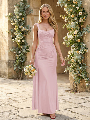 Satin Square Neck Mermaid Maxi Bridesmaid Dresses with Pleats