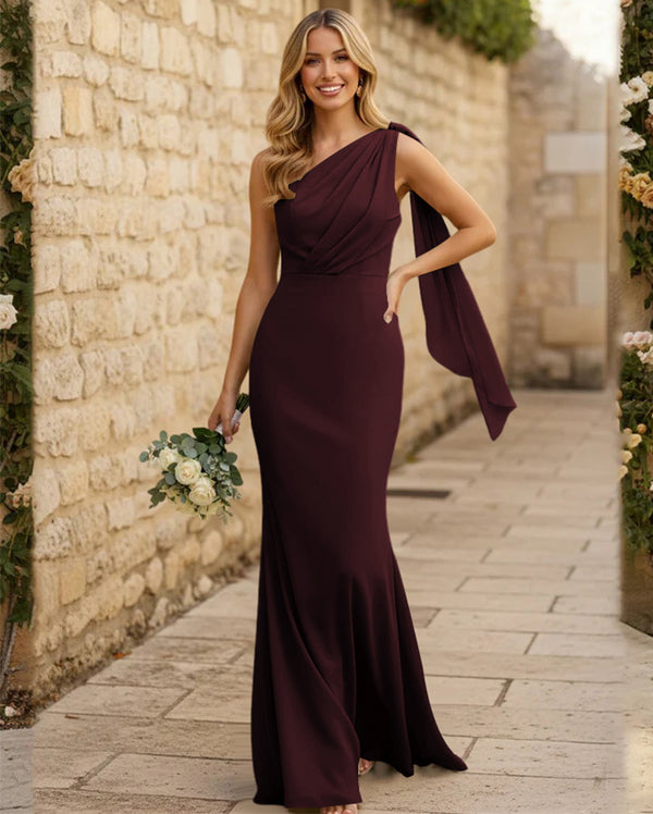 Chiffon One Shoulder Mermaid Pleated Maxi Bridesmaid Dresses