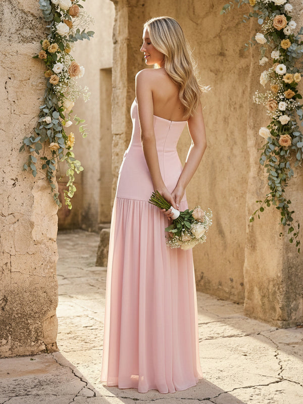 Chiffon Lace Applique Strapless A Line Maxi Bridesmaid Dresses with Slit