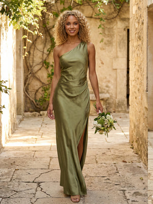 Satin One Shoulder Pleated Mermaid Maxi Bridesmaid Dresses with Slit