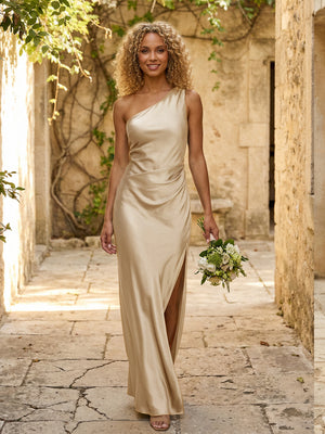 Satin One Shoulder Pleated Mermaid Maxi Bridesmaid Dresses with Slit