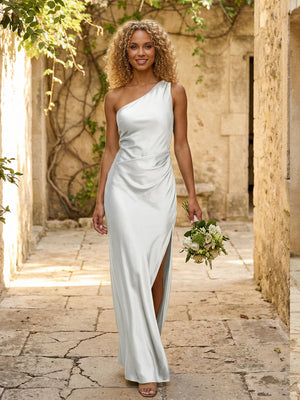 Satin One Shoulder Pleated Mermaid Maxi Bridesmaid Dresses with Slit