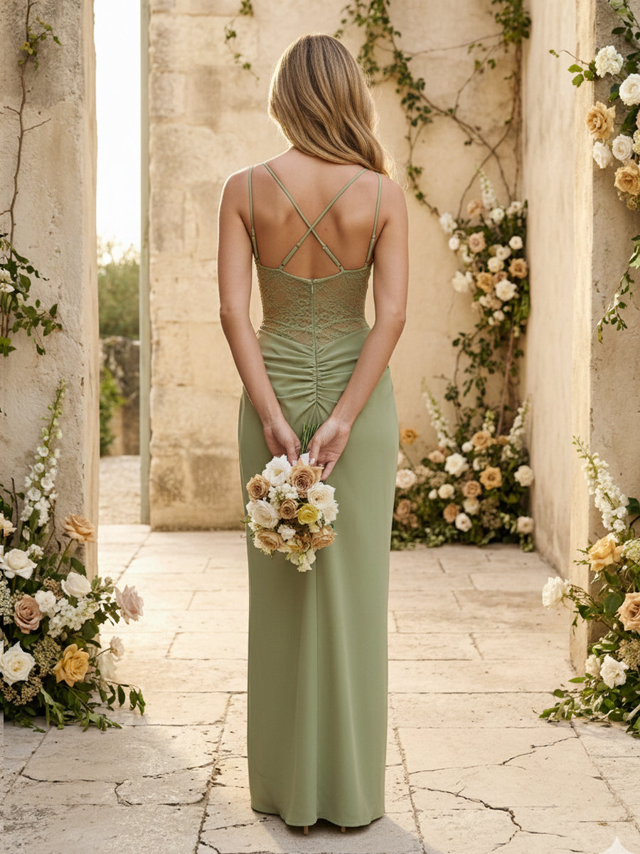 Chiffon Spaghetti Straps Pleated Mermaid Maxi Formal Dresses