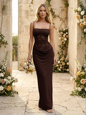 Chiffon Spaghetti Straps Pleated Mermaid Maxi Formal Dresses