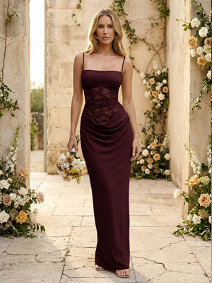 Chiffon Spaghetti Straps Pleated Mermaid Maxi Formal Dresses