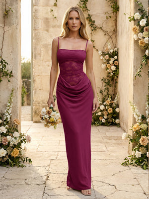 Chiffon Spaghetti Straps Pleated Mermaid Maxi Formal Dresses