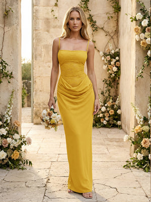 Chiffon Spaghetti Straps Pleated Mermaid Maxi Formal Dresses