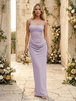 Chiffon Spaghetti Straps Pleated Mermaid Maxi Formal Dresses
