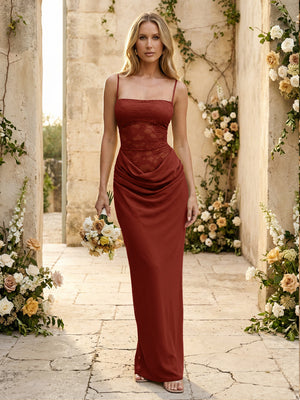 Chiffon Spaghetti Straps Pleated Mermaid Maxi Formal Dresses