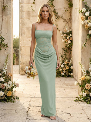 Chiffon Spaghetti Straps Pleated Mermaid Maxi Formal Dresses