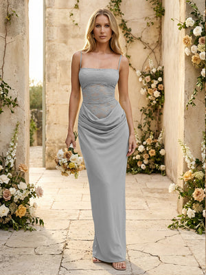 Chiffon Spaghetti Straps Pleated Mermaid Maxi Formal Dresses