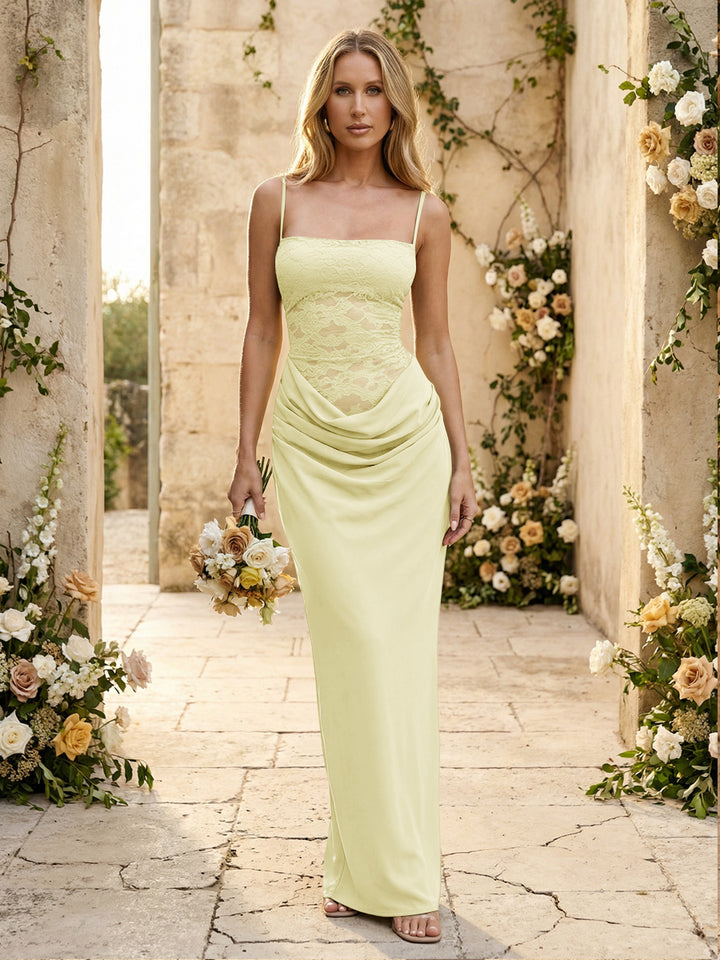 Chiffon Spaghetti Straps Pleated Mermaid Maxi Formal Dresses