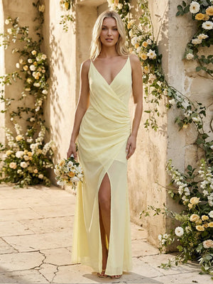 Chiffon Spaghetti Straps Pleated Mermaid Maxi Bridesmaid Dresses with Slit