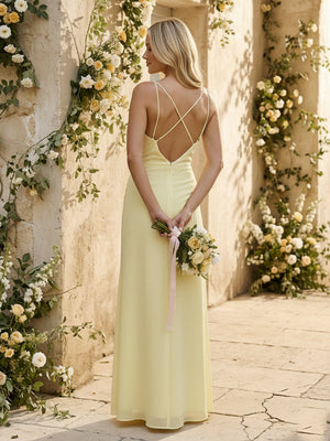 Chiffon Spaghetti Straps Pleated Mermaid Maxi Bridesmaid Dresses with Slit