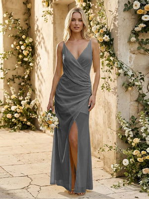Chiffon Spaghetti Straps Pleated Mermaid Maxi Bridesmaid Dresses with Slit