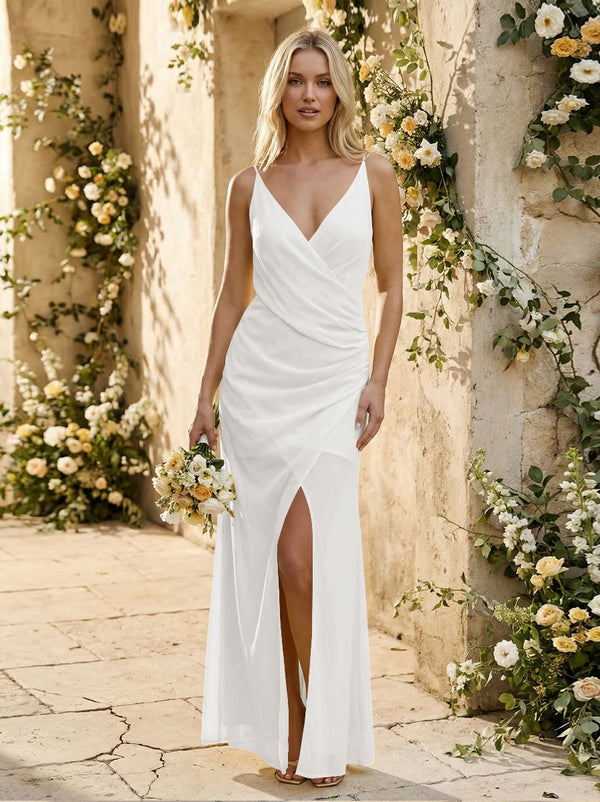 Chiffon Spaghetti Straps Pleated Mermaid Maxi Bridesmaid Dresses with Slit