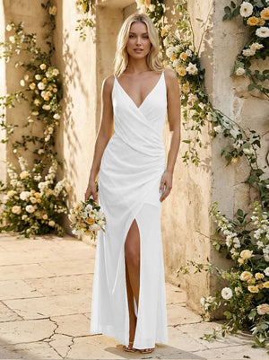 Chiffon Spaghetti Straps Pleated Mermaid Maxi Bridesmaid Dresses with Slit