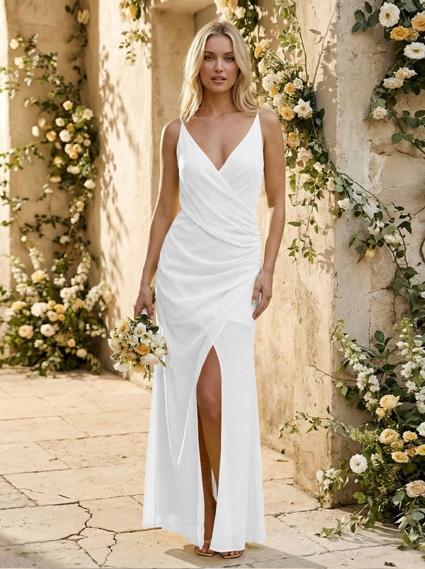 Chiffon Spaghetti Straps Pleated Mermaid Maxi Bridesmaid Dresses with Slit