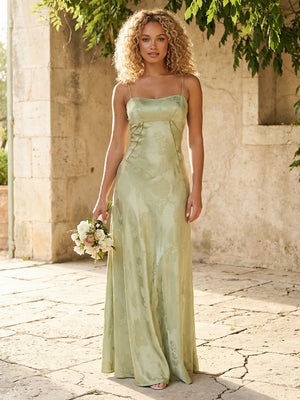 Floral Spaghetti Straps Sheath Long Bridesmaid Dresses