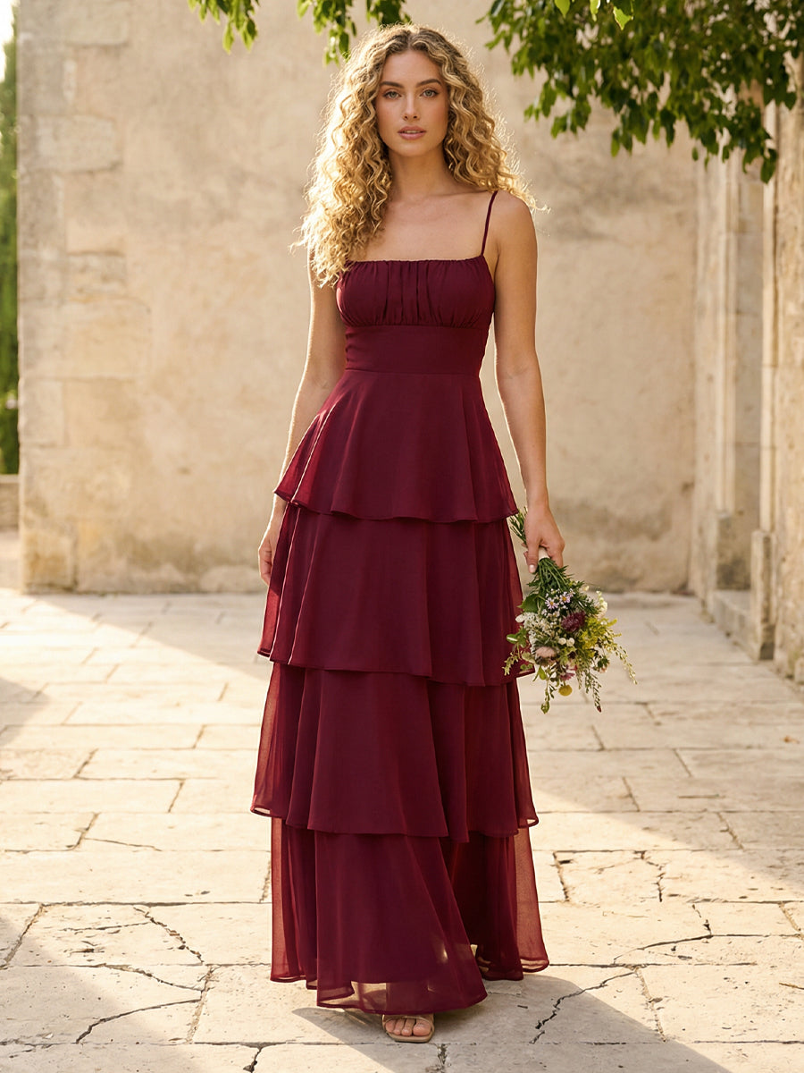 Chiffon Spaghetti Straps A Line Tiered Bridesmaid Dresses
