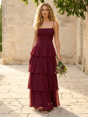 Chiffon Spaghetti Straps A Line Tiered Bridesmaid Dresses