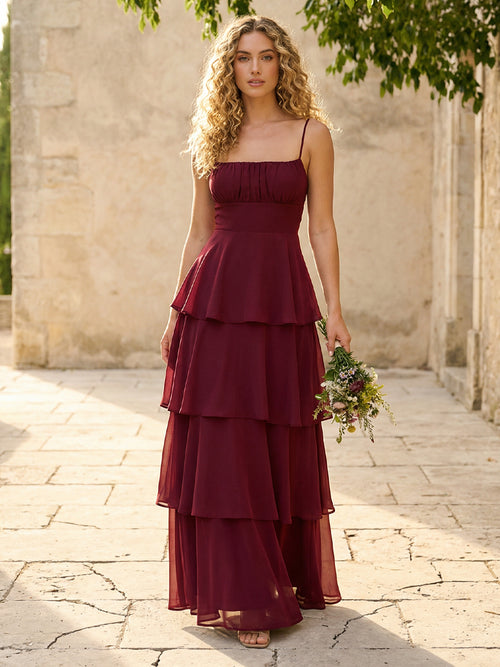 Chiffon Spaghetti Straps A Line Tiered Bridesmaid Dresses