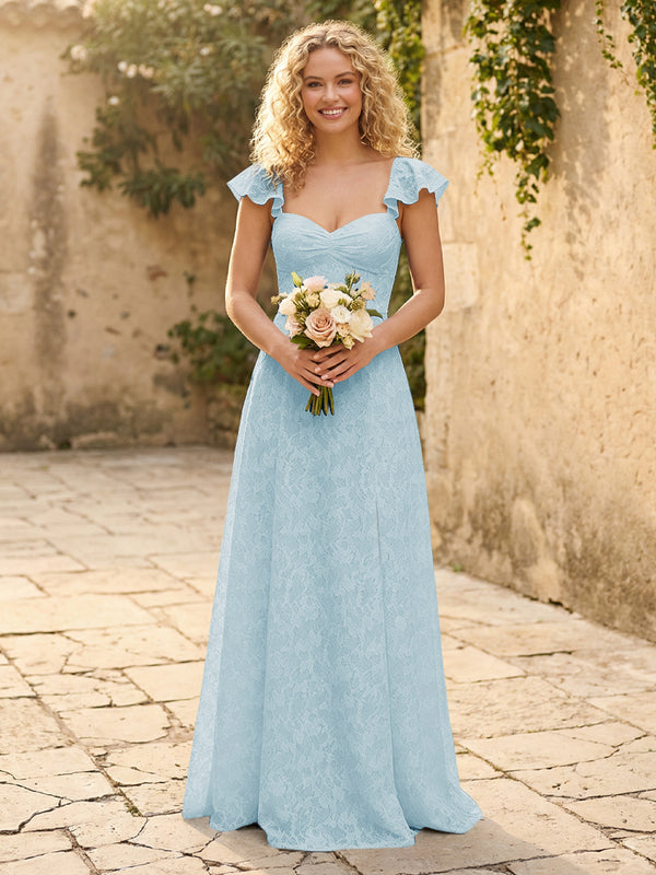 Lace Applique Sweetheart A Line Pleats Bridesmaid Dresses