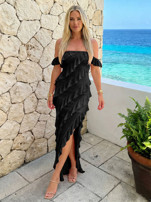 Chiffon Off the Shoulder Ruffles Bridesmaid Dresses with Slit