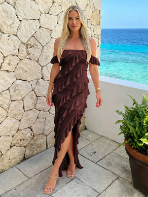 Chiffon Off the Shoulder Ruffles Bridesmaid Dresses with Slit