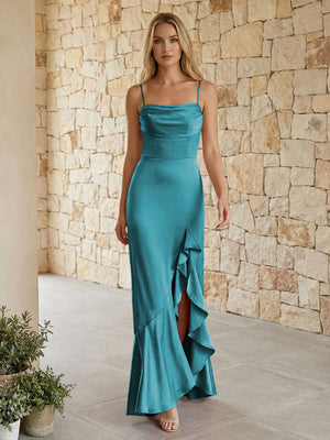 Satin Spaghetti Straps Mermaid Ruffles Bridesmaid Dresses