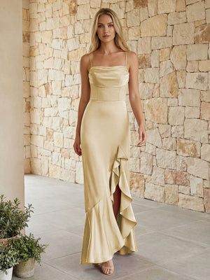 Satin Spaghetti Straps Mermaid Ruffles Bridesmaid Dresses