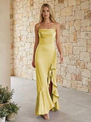 Satin Spaghetti Straps Mermaid Ruffles Bridesmaid Dresses