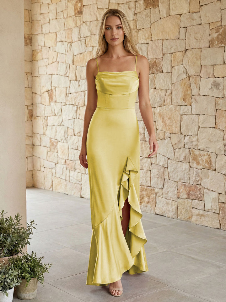 Satin Spaghetti Straps Mermaid Ruffles Bridesmaid Dresses
