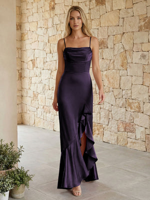 Satin Spaghetti Straps Mermaid Ruffles Bridesmaid Dresses