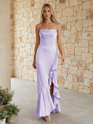 Satin Spaghetti Straps Mermaid Ruffles Bridesmaid Dresses