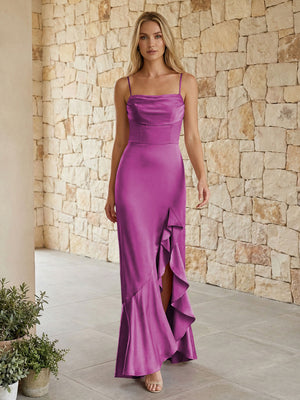 Satin Spaghetti Straps Mermaid Ruffles Bridesmaid Dresses