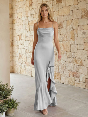 Satin Spaghetti Straps Mermaid Ruffles Bridesmaid Dresses