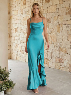 Satin Spaghetti Straps Mermaid Ruffles Bridesmaid Dresses