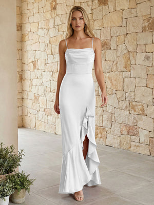 Satin Spaghetti Straps Mermaid Ruffles Bridesmaid Dresses