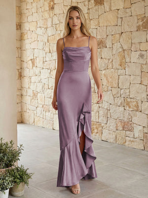 Satin Spaghetti Straps Mermaid Ruffles Bridesmaid Dresses