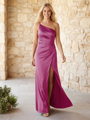 Satin One Shoulder Pleats Bridesmaid Dresses with Slit