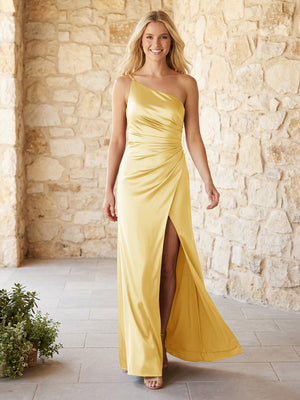 Satin One Shoulder Pleats Bridesmaid Dresses with Slit