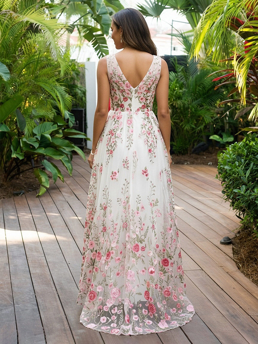 Chiffon V Neck Pleated  A Line Wedding Guest Dresses with Lace Applique