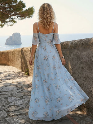 Chiffon Floral Off Shoulder Pleated Wedding Guest Dresses with Slit