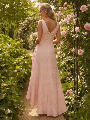 Satin Jacquard Pleated A Line Bridesmaid Dresses with Ruffles